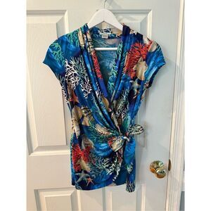 Cache Royal Blue Seascape Ocean Print Wrap Too sz S EUC